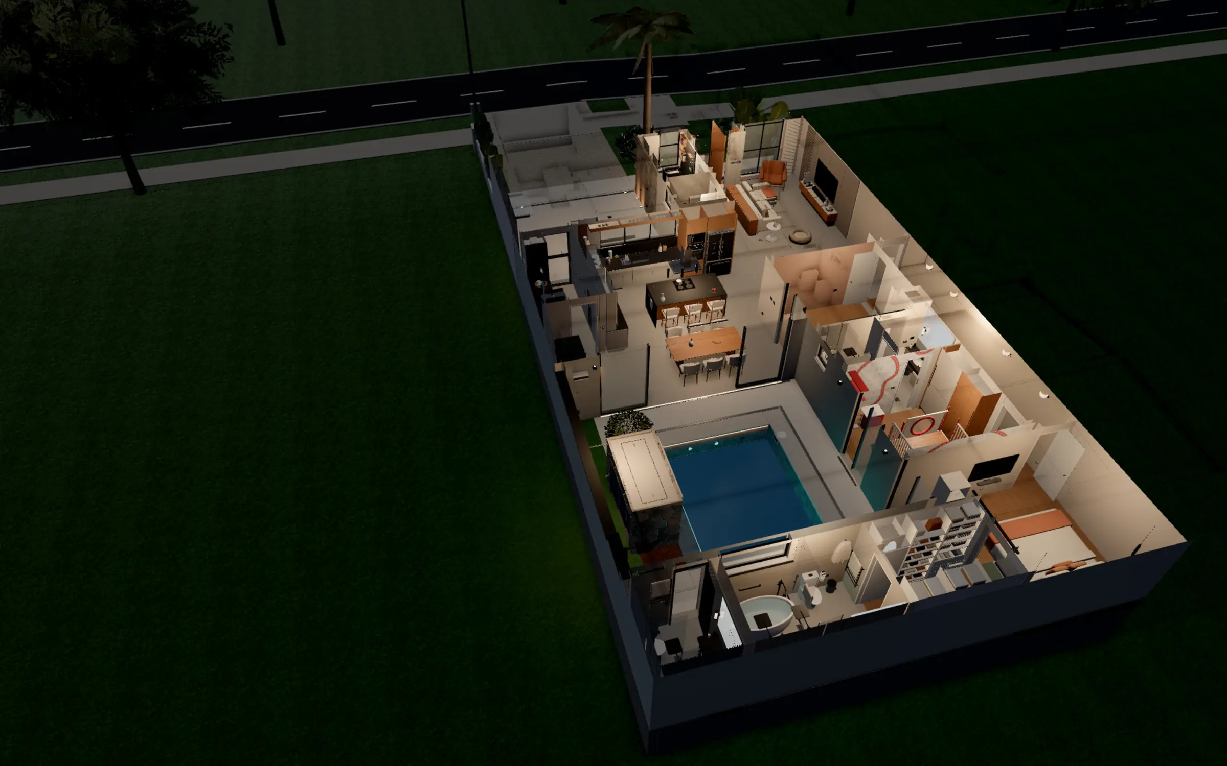 Maquete 3D de uma casa vista de cima, à noite, com as luzes acesas e a piscina iluminada