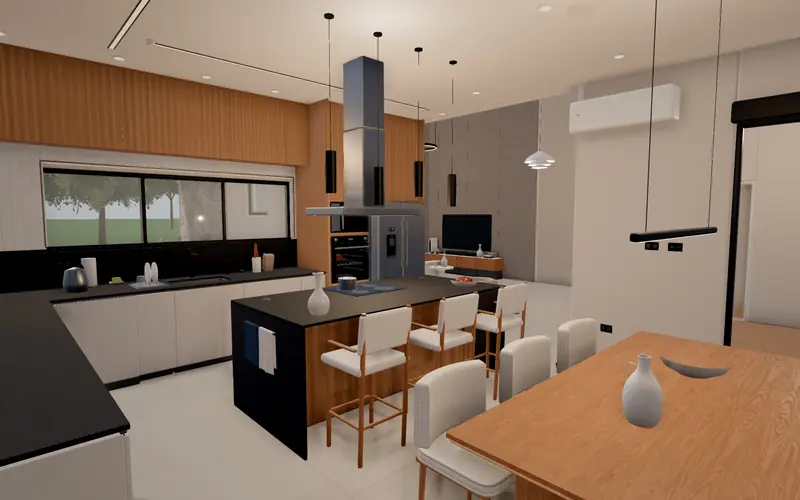 Cozinha integrada, com ilha e mesa de jantar