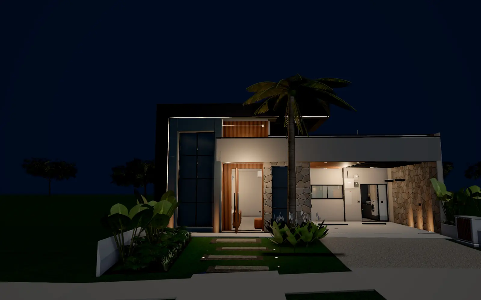 A casa à noite, com as luzes acesas