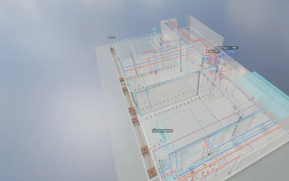 Camada de instalações hidráulicas sobre a planta em 3D
