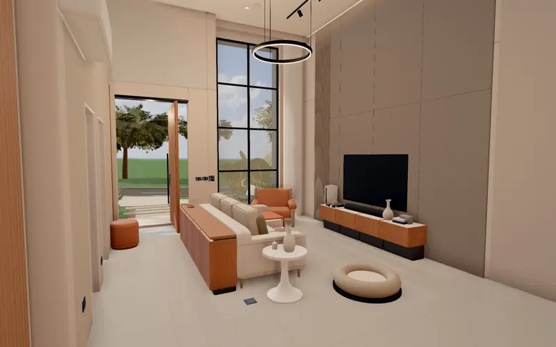 Sala com pé-direito duplo, esquadria preta e painel de TV